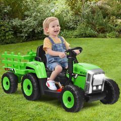 Costway 3-Gang Kinder Traktor 12V Aufsitztraktor mit abnehmbarem Anhänger Grün