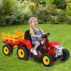 Costway 3-Gang Kinder Traktor 12V Aufsitztraktor mit abnehmbarem Anhänger Rot