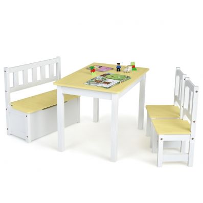 4-teiliges Tisch- und Stuhl-Set für Kinder 2 in 1 Set aus Holz für  Kleinkinder Natur + Weiß - Costway
