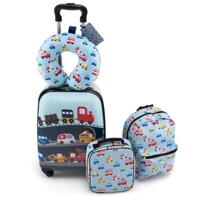 5tlg. Kindergepäckset 16-Zoll-Rollkoffer mit Rucksack & Nackenkissen & Gepäckanhänger & Lunchbox