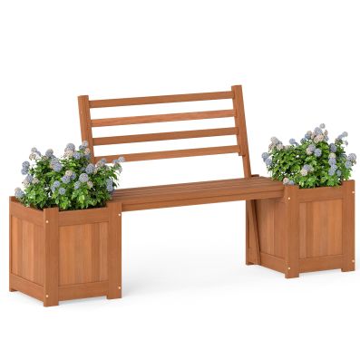 Holz Outdoor Pflanzkasten mit Bank Gartensitz mit 2 Blumenksten &  Rckenlehne Natur - Costway