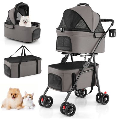 Doppelte Haustierwagen 3 in 1 faltbar Hundewagen mit 2 abnehmbaren Trgern  Grau - Costway