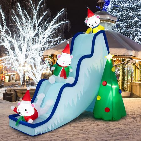 Costway 220 cm hohe Aufblasbare Eisbärrutsche mit Baum Aufblasbare Weihnachtsdekoration mit LED-Lichtern