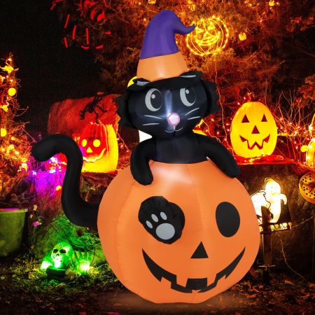 Costway 150 cm hohe aufblasbare Halloween-Dekoration Schwarze Katze mit Zaubererhut im Kürbis