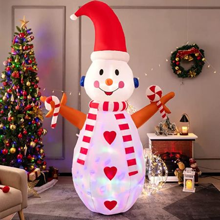 Costway Aufblasbare Weihnachtsdekoration Schneemann mit Mehrfarbigen Rotierenden LED-Lichtern 240 cm