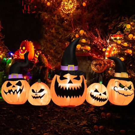 Costway 245 cm Lange Aufblasbare Kürbisfamilie Halloween-Hofdekoration mit LED-Leuchten