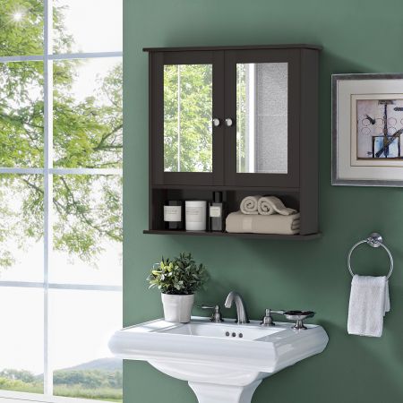 Costway Spiegelschrank Badezimmer Badschrank mit Spiegel Badezimmerschrank mit höhenverstellbarer Ablage Badezimmerspiegel Braun