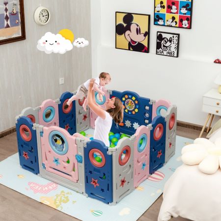 Costway Multifunktionales Baby-Laufgitter mit Tür und Spielzeugboard 60 x 62 cm Rosa + Dunkelblau