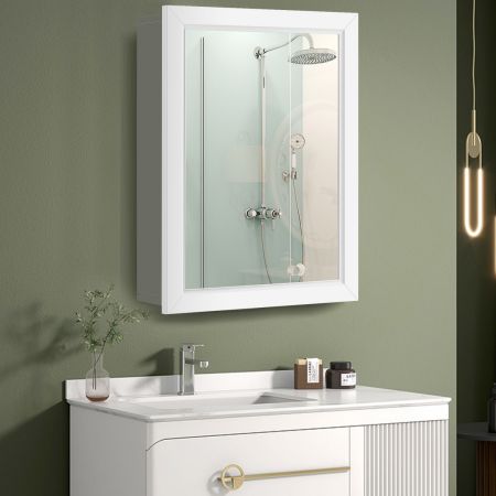 Costway Badezimmerschrank wandmontierter Aufbewahrungsschrank mit Spiegel 50 x 16 x 66 cm Weiß