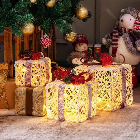 Costway Weihnachtsgeschenkboxen 3er-Set Beleuchtete Geschenkboxen mit Schleifen LED-Lichtern 6H Timer