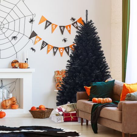 Costway 180 cm hoher künstlicher klappbarer Halloween-Weihnachtsbaum PVC Spitzen Schwarz