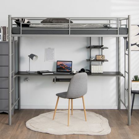 Costway Etagenbettgestell Hochbett aus Metall mit Schreibtisch Leitern und Geländer Silber