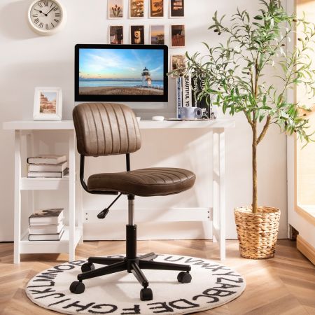 Costway Drehbarer Home Office Stuhl aus PU-Leder ohne Armlehnen auf Rädern Braun