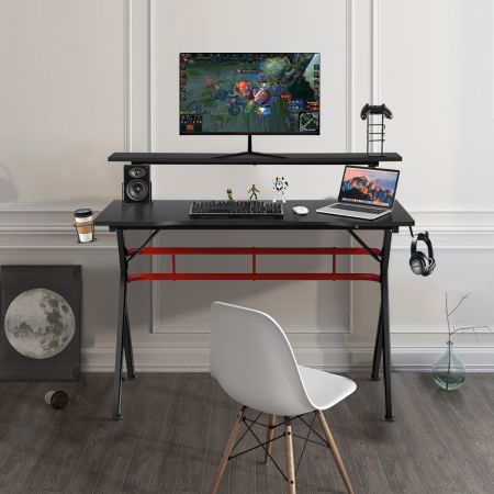 Gaming Tisch Computertisch Schreibtisch mit Monitorständer Getränkehalter Kopfhörer schwarz und rot
