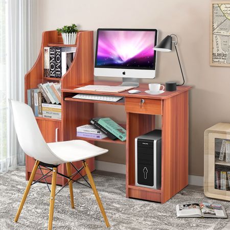 Costway Computertisch mit Bücherregal Holzschreibtisch mit Ablagefächern und Schrank moderner Arbeitsplatz Schreibtisch für Arbeitszimmer Büro