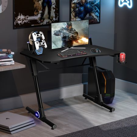 Costway Gaming-Schreibtisch höhenverstellbarer Computertisch mit blauer LED-Beleuchtung Schwarz