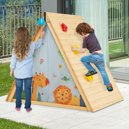 Costway Kinderspielhaus Dreieckiges Spielzelt mit Kletterwand für Kinder 115 x 77 x 100 cm Natur