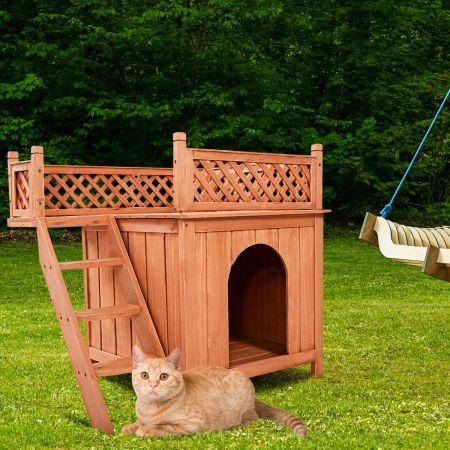 Costway Katzenhaus Hundehütte Holz Hundehaus mit Treppe zweistöckig Kleintierhaus für Hunde und Katzen