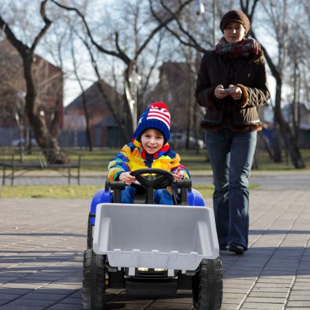 Costway Kinder-Baggerfahrgerät Elektrisches Baufahrzeug mit verstellbarer Schaufel 125 x 51,5 x 52 cm Blau + Schwarz
