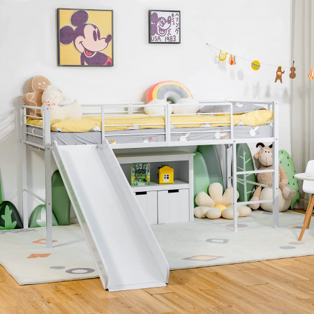 Costway Hochbett Kinderbett-Rahmen mit mit Lattenrost & Rausfallschutz 198 x 96 x 109 cm Weiß