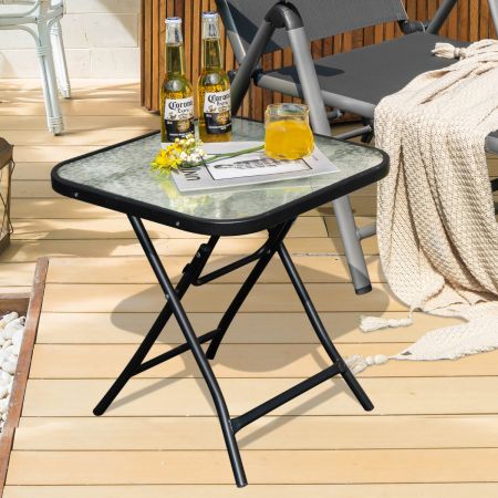 Costway Terrassen-Beistelltisch Quadratischer Glastisch mit Rostfreiem Rahmen Klappbarer Couchtisch Schwarz