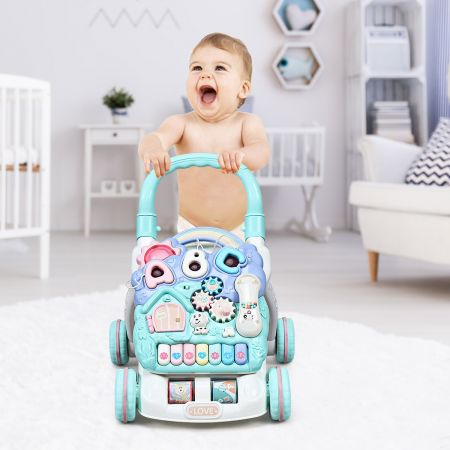 Costway Lauflernhilfe mit abnehmbarem Spielbrett & Lichtern und Musik Gehfrei für Baby ab 0 Monaten Blau