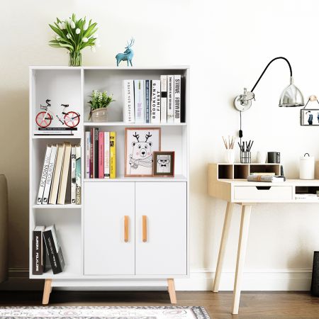 Costway Modernes Bücherregal aus Holz mit 2 Türen für Zuhause und Büro 80 x 24 x 119 cm Weiß
