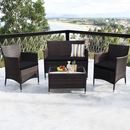 4 Stück Outdoor Terrassenmöbel Set aus PE Rattan mit gehärtetem Glastisch % Kissen Grau