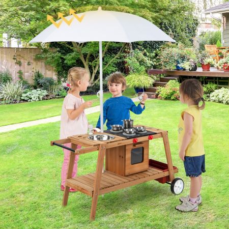 Outdoor-Spielzeugtrolley für Kinder Holzspielzeugwagen mit Sonnenschirm Natur