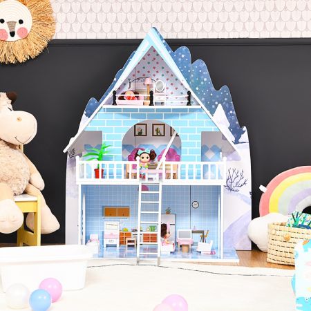 Puppenhaus Spielzeughaus Holz Barbiehaus mit mit 15 Möbeln und 3 niedlichen Puppen für Kinder ab 3 Jahren