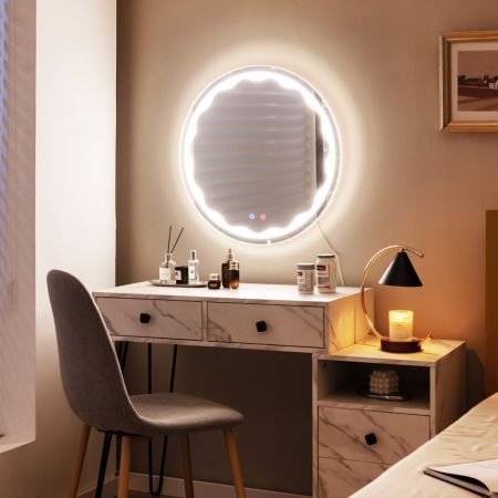 Costway LED-Spiegel Ø 60 cm Runder LED-Spiegel mit Anti-Beschlage Spiegelheizung Badezimmerspiegel