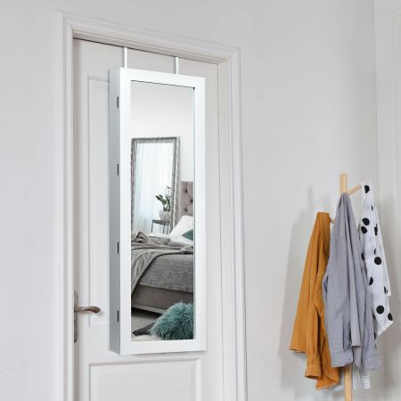 Costway LED Schmuckschrank mit Ganzkörperspiegel Tür- und Wandmontage 37 x 9.5 x 108 cm Weiß