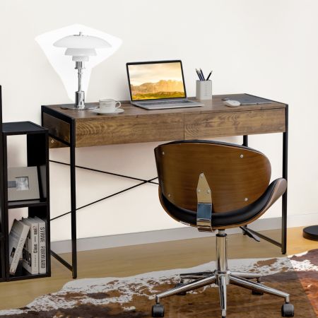 Computertisch mit 2 Schubladen 112 cm Schreibtisch mit Stahlrahmen 112 x 48 x 76 cm Braun