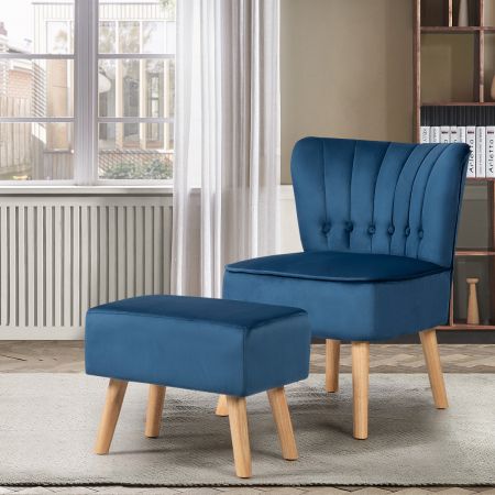 Costway Sessel Armloser Sessel mit Ottomane Hautfreundlicher Polsterstuhl ohne Armlehnen aus Samt Blau