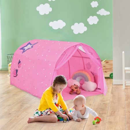 Costway Kinderbett Prinzessin Prinzess Kinderspielhaus Kinderzelt mit Fenster & Tasche & Vorhang Rosa