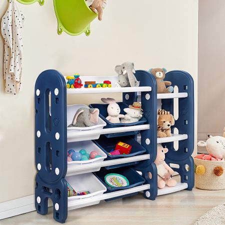Costway Kinder Spielzeugregal mit 6 Aufbewahrungsboxen und 4 Ablagen Eckregal aus Kunststoff Kinderregal 112 x 35 x 92 cm Blau