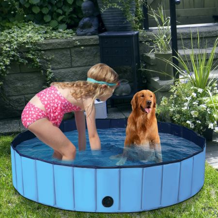 Costway Faltbarer Hunde Swimmingpool Drinnen Draußen Auslaufsicherer Haustier Pool mit Drehbarem Ablassventil 140*30cm Blau