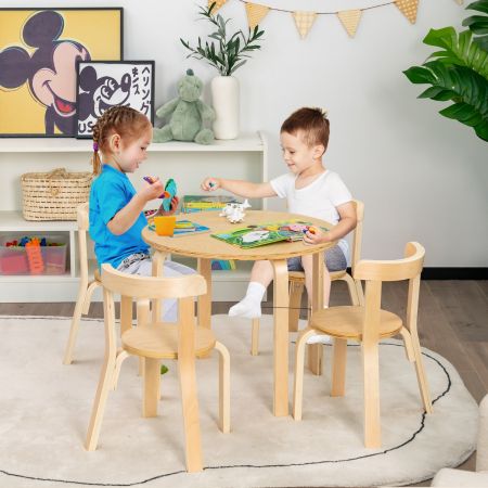 Costway Kindertisch Holztisch mit 4 Stühlen für Kinder Kindertisch- und Stuhl-Set mit Rückenlehne Natur