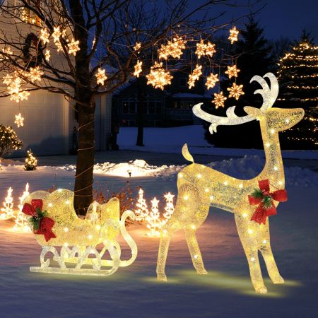 Costway Beleuchtetes Weihnachts-Rentier mit Schlitten Vorbeleuchtete Weihnachtsdekoration 81,5 x 37 x 121,5 cm Golden