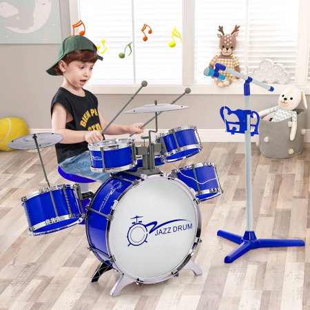 Costway Schlagzeug Kinder Jazz-Schlagzeug- & Keyboard-Set mit Hocker Mikrofonständer Becken Blau