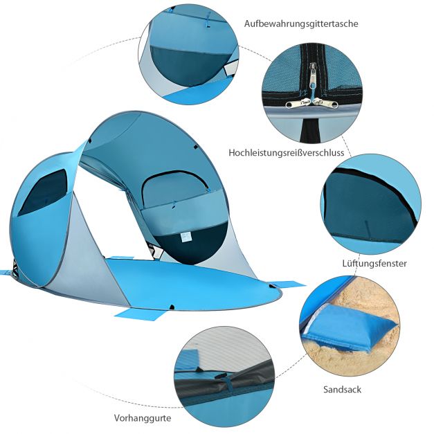 Pop Up Strandmuschel 3-4 Personen Strandzelt Sonnenschutz Wurfzelt fr  Outdoor Blau - Costway