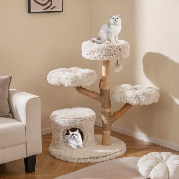 102 cm Hoher Moderner Kratzbaum mit Echtholzstamm & Hngender Ball  Kletterturm fr Katzen - Costway