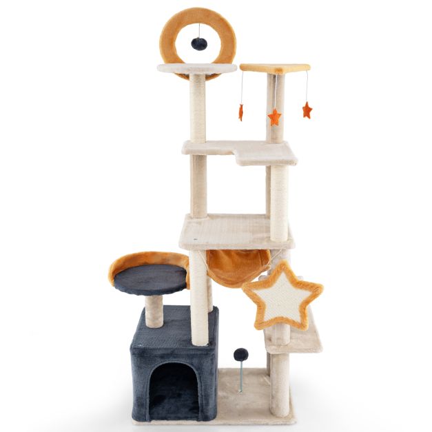 160 cm Kratzbaum mit Sisal-Kratzpfosten & -Brett & Haus Mehrstckiger  Katzenbaum Katzenturm - Costway