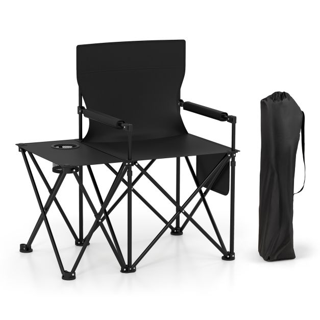 Campingstuhl faltbar 2er Set Klappstuhl mit Seitentisch Becherhalter &  Seitentasche Schwarz - Costway