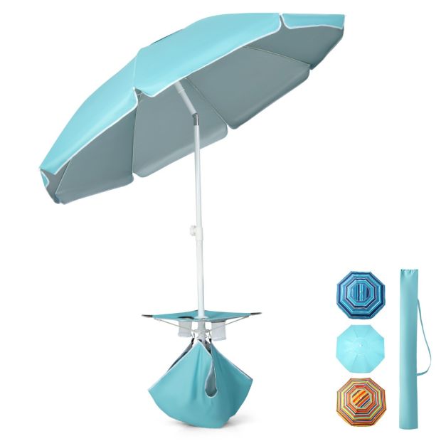 2 m Hoher Strandschirm mit Tisch & Sandsack Tragbarer Sonnenschirm Blau -  Costway