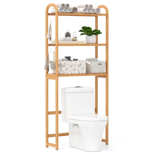3-stufiger Toilettenregal Bambus Badezimmerregal berbauschrank freistehend  Toilettenschrank mit 3 Haken 71,5 x 25 x 166 cm - Costway