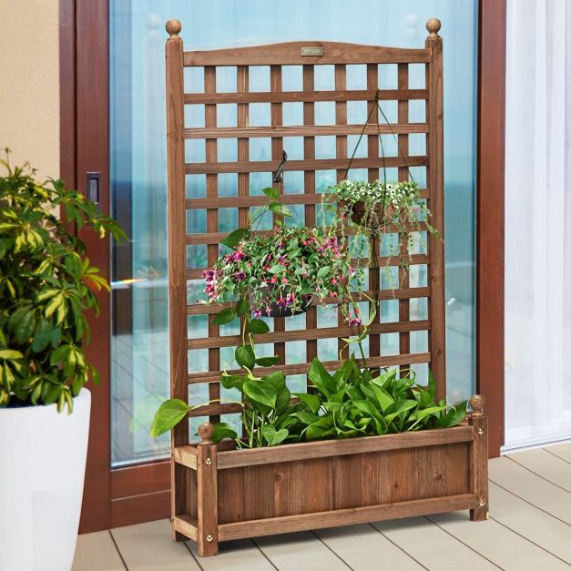 Blumenkasten mit Rankgitter Pflanzkasten Holz fr Kletterpflanzen Hochbeet  mit Spalier 64,5 x 28 x 120 cm Braun - Costway