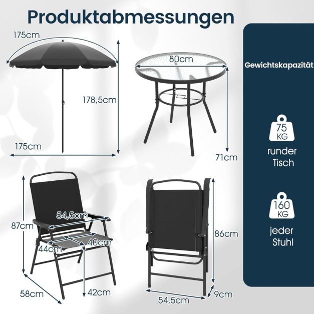 6-teiliges Garten-Essset mit Sonnenschirm Outdoor-Tisch und Stuhlset mit 4  Klappsthlen Schwarz - Costway
