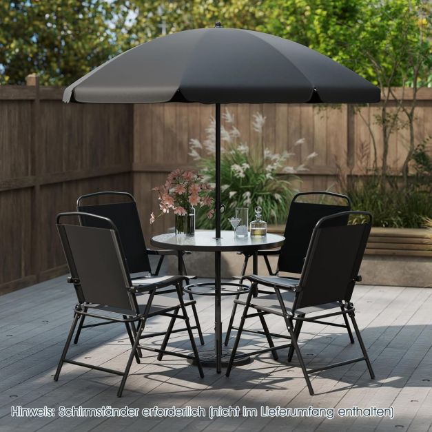 6-teiliges Garten-Essset mit Sonnenschirm Outdoor-Tisch und Stuhlset mit 4  Klappsthlen Schwarz - Costway