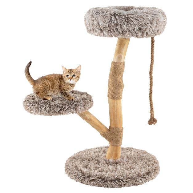90 cm Kratzbaum Holz Katzenbaum mit 3 Plschsitzflchen Seil & Kratzpfosten  aus Jute Katzenturm Katzenmbel Massivholz Braun+Natur - Costway